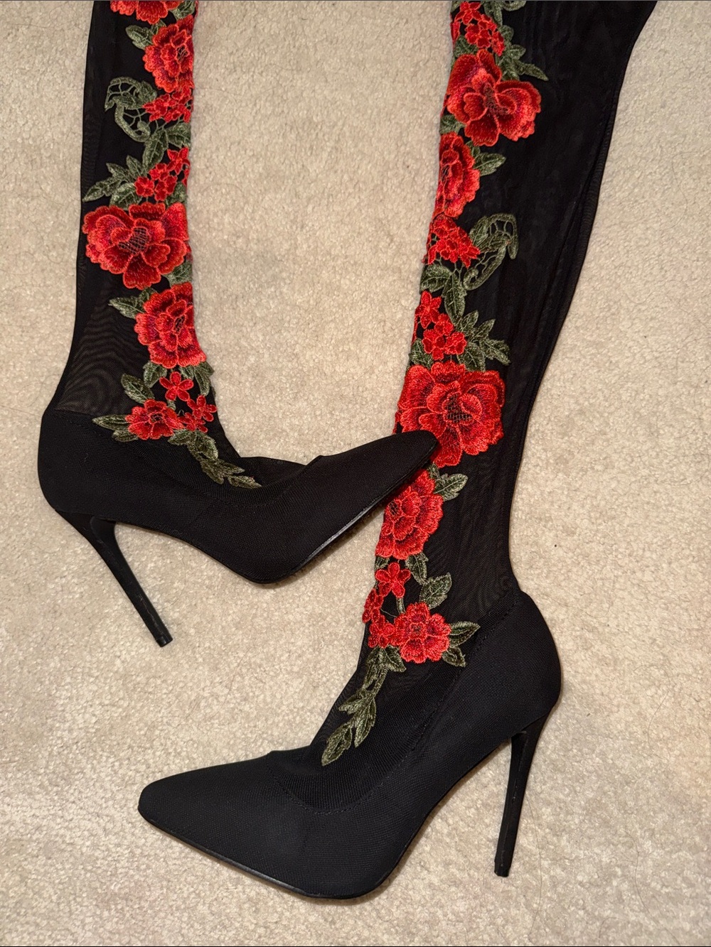 Black Mesh Stiletto Boots with Red Floral Embroidery